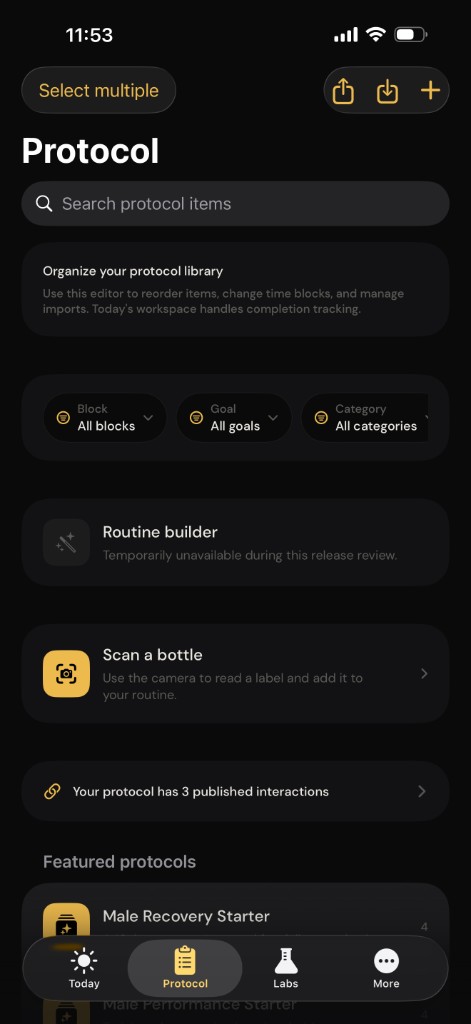 Onset Protocol library editor with block, goal, and category filters and the routine builder